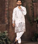 White multi thread work silk straight kurta