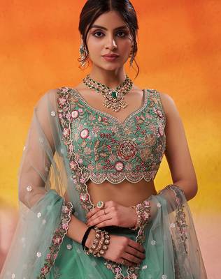 Green Tissue Sequins embroidery Lehenga Choli With Dupatta 7