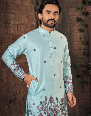 Blue multi thread work silk straight kurta 2