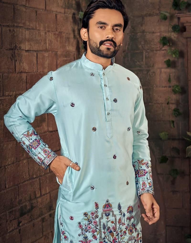 Blue multi thread work silk straight kurta