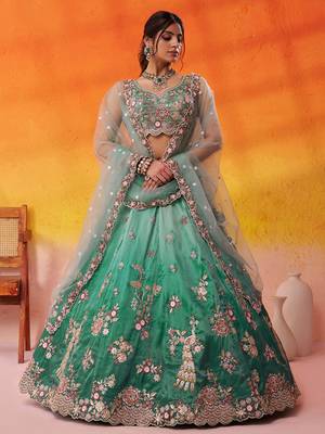 Green Tissue Sequins embroidery Lehenga Choli With Dupatta 10