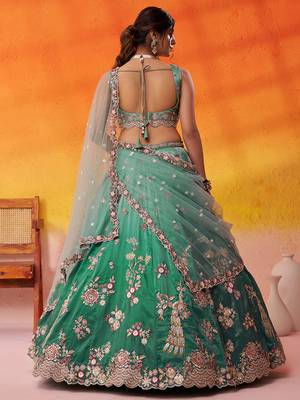 Green Tissue Sequins embroidery Lehenga Choli With Dupatta 11
