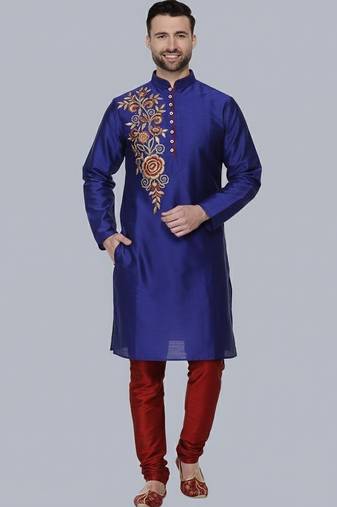 Royal blue embroidered dupion silk kurta set