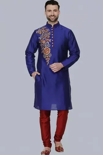 Royal blue embroidered dupion silk kurta set