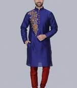 Royal blue embroidered dupion silk kurta set