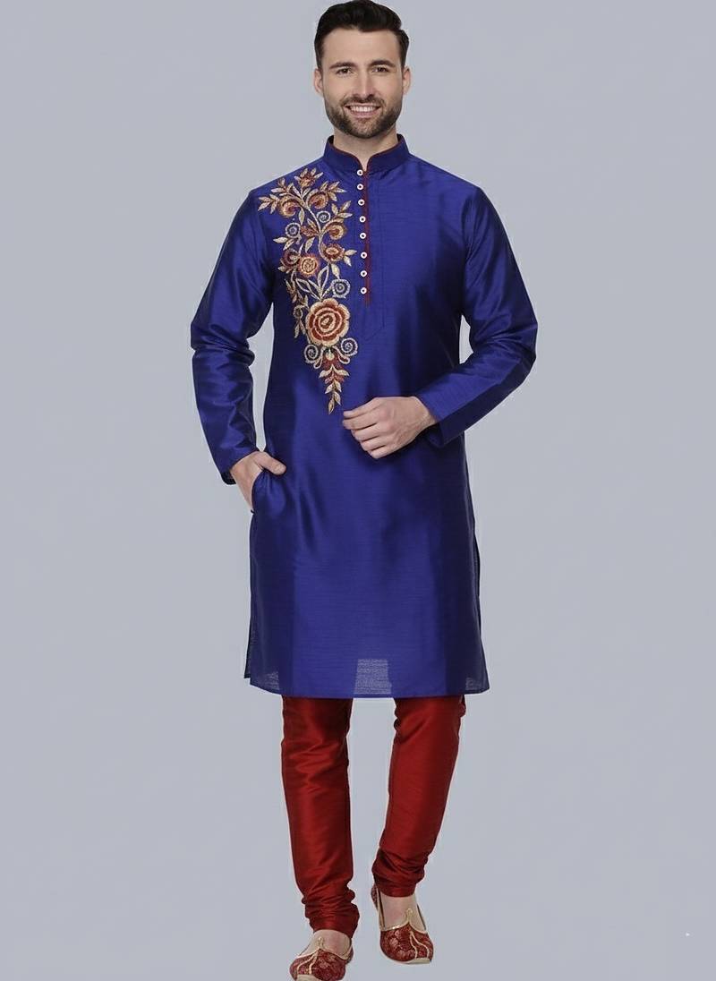 Royal blue embroidered dupion silk kurta set