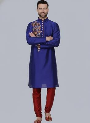 Royal blue embroidered dupion silk kurta set 2
