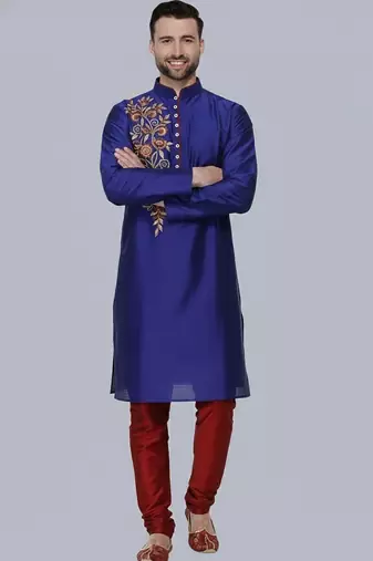 Royal blue embroidered dupion silk kurta set