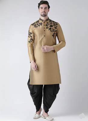 Beige embroidered dupion silk kurta set 1