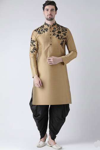 Beige embroidered dupion silk kurta set