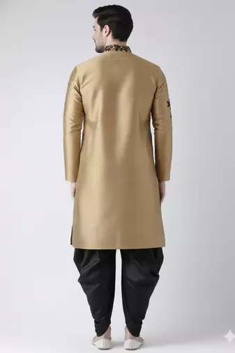 Beige embroidered dupion silk kurta set