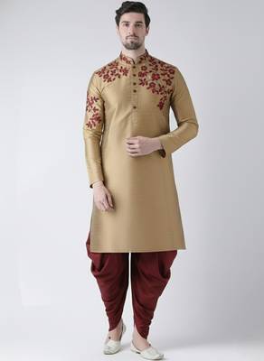 Beige embroidered dupion silk kurta set 1