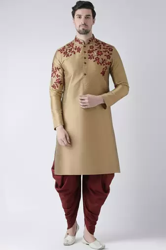 Beige embroidered dupion silk kurta set