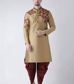 Beige embroidered dupion silk kurta set