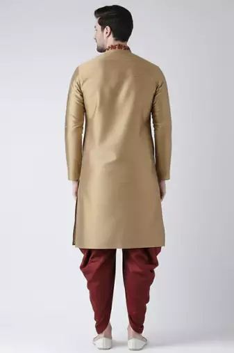 Beige embroidered dupion silk kurta set