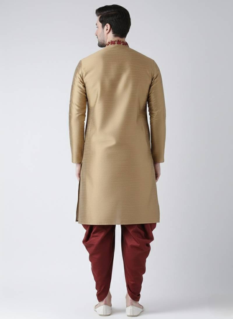 Beige embroidered dupion silk kurta set