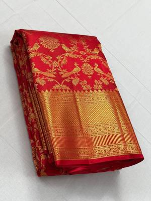 Red color art silk blend sarees with blouse 4