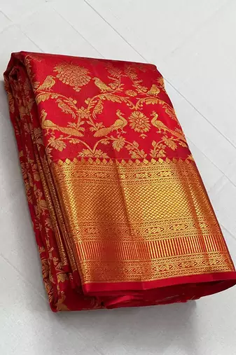 Red color art silk blend sarees with blouse