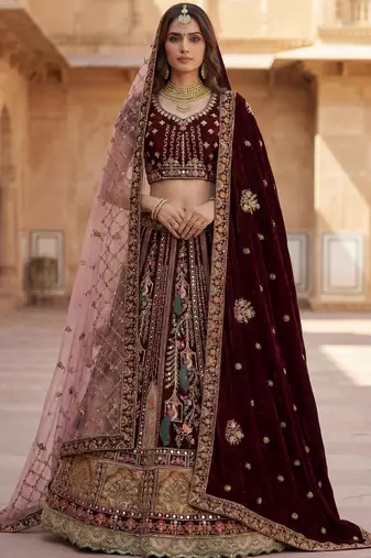 wine embroidered velvet bridal lehenga set choli with dupatta with double dupatta