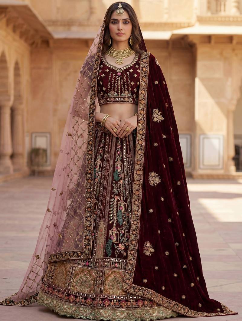 wine embroidered velvet bridal lehenga set choli with dupatta with double dupatta
