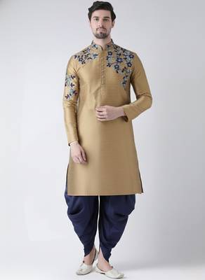 Beige embroidered dupion silk kurta set 1