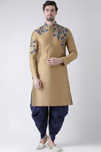Beige embroidered dupion silk kurta set