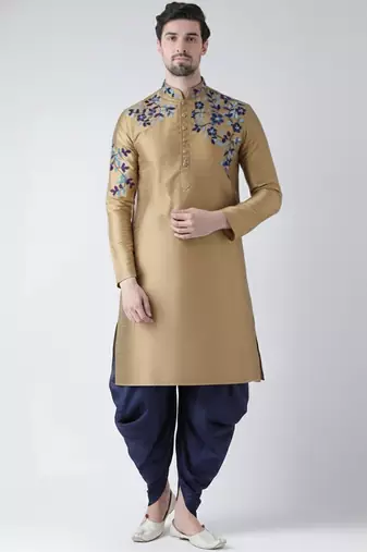 Beige embroidered dupion silk kurta set