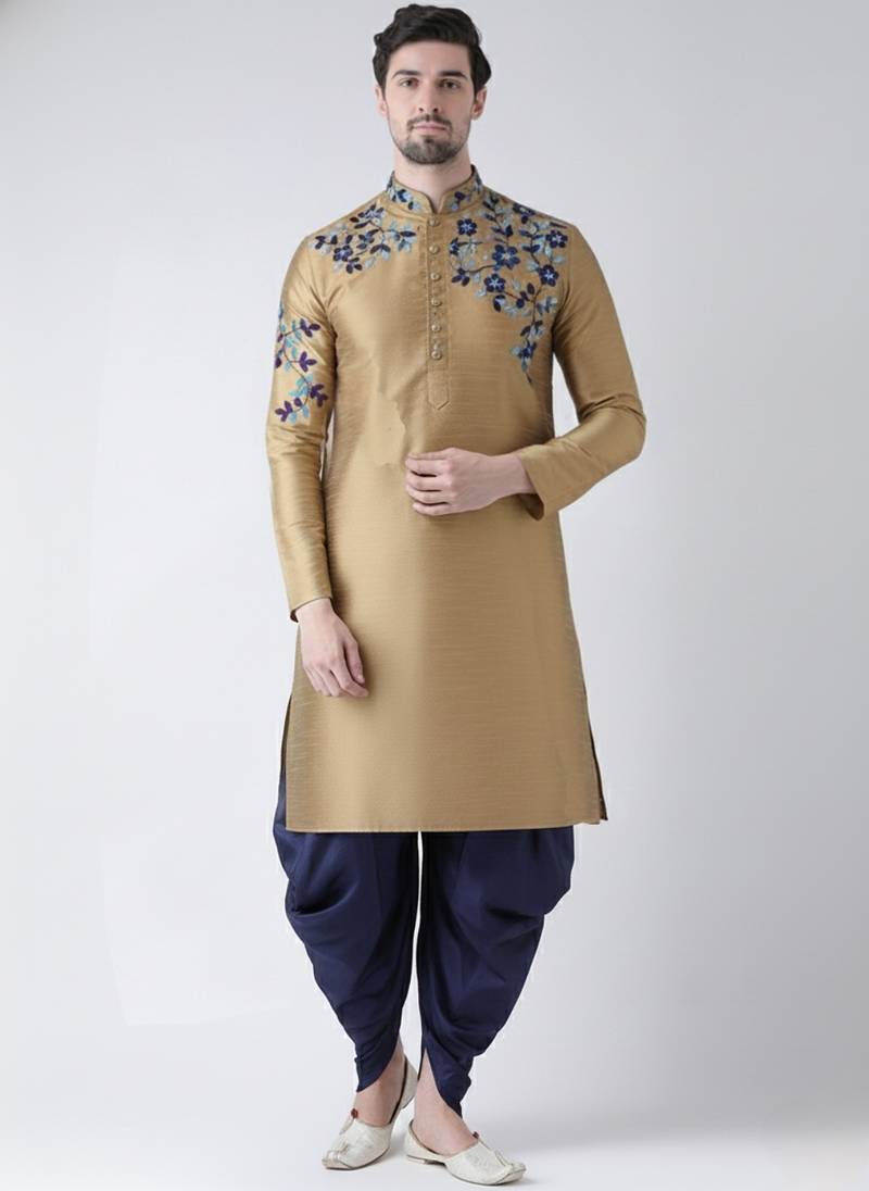 Beige embroidered dupion silk kurta set