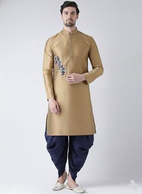 Beige embroidered dupion silk kurta set 1