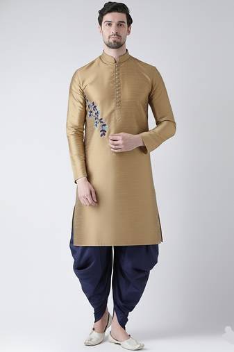 Beige embroidered dupion silk kurta set
