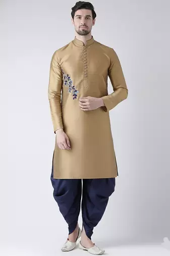 Beige embroidered dupion silk kurta set