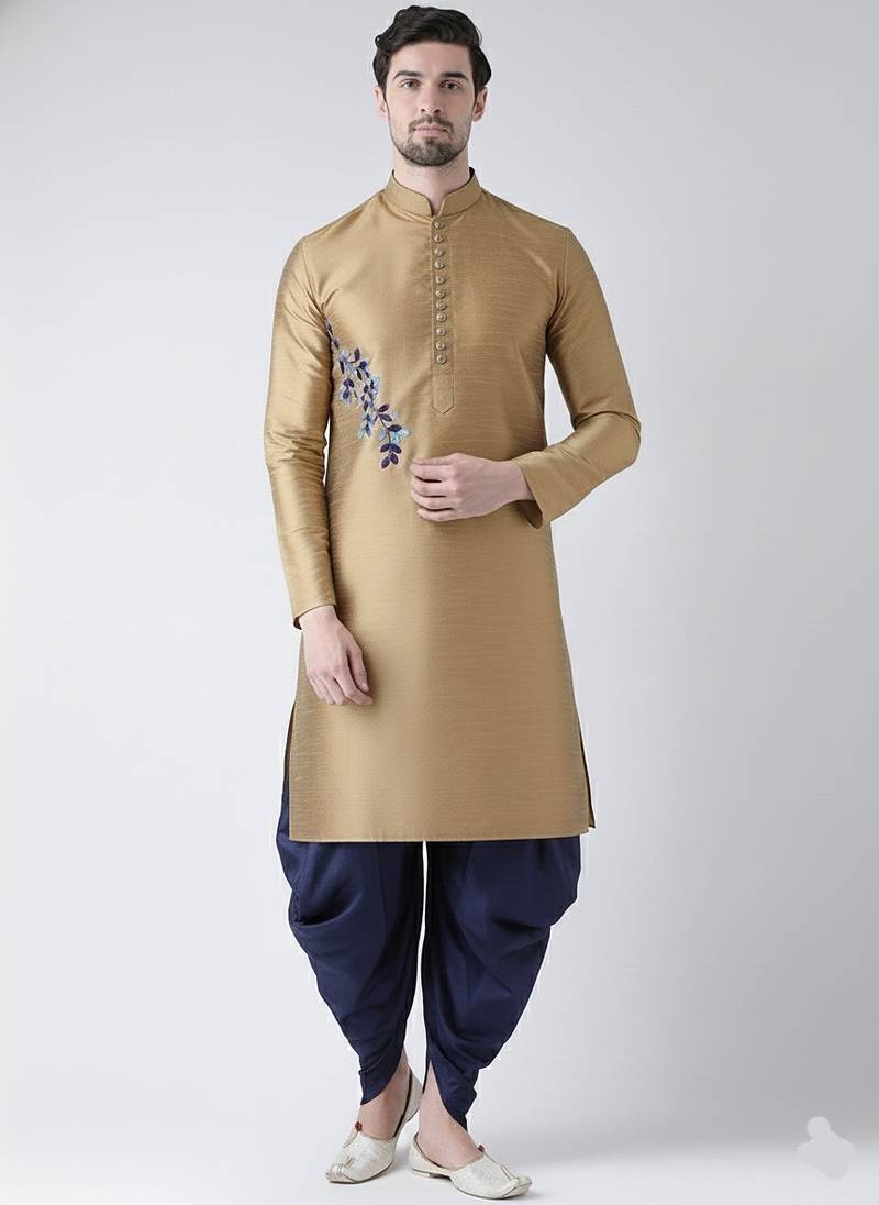 Beige embroidered dupion silk kurta set