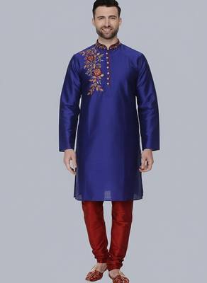 Royal blue embroidered dupion silk kurta set 1