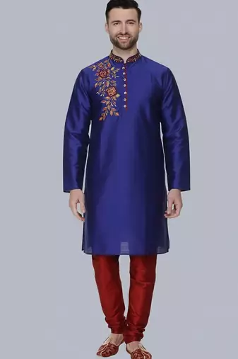 Royal blue embroidered dupion silk kurta set