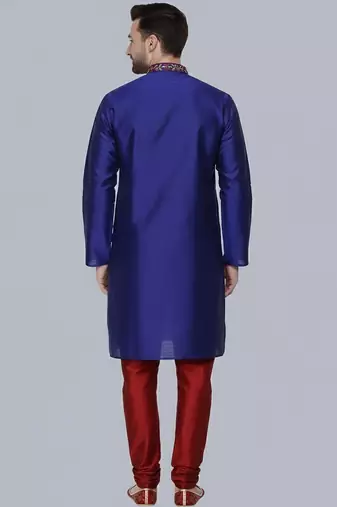 Royal blue embroidered dupion silk kurta set