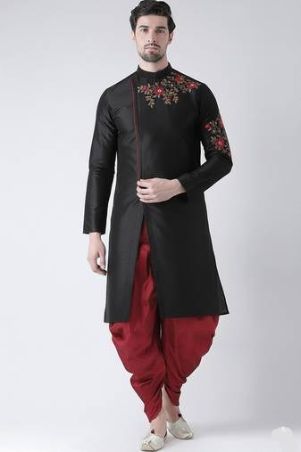 Black embroidered dupion silk kurta set