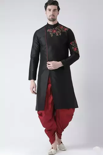 Black embroidered dupion silk kurta set
