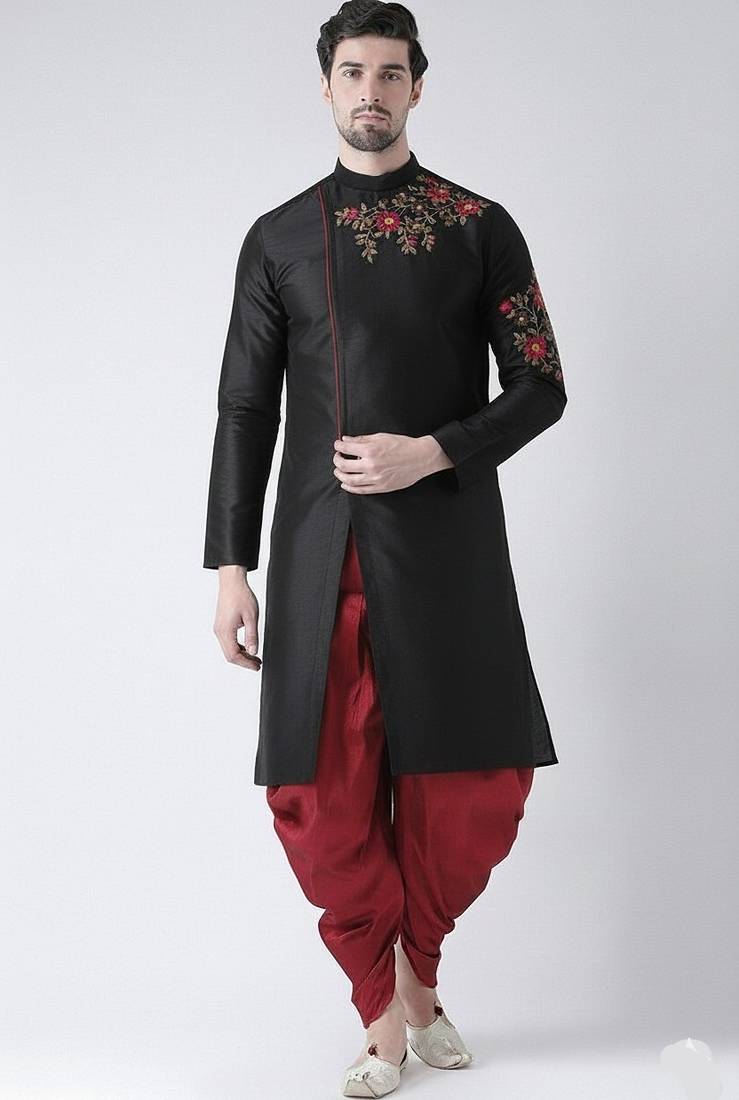Black embroidered dupion silk kurta set