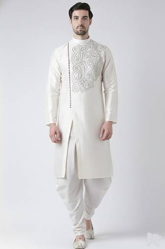 White embroidered dupion silk kurta set