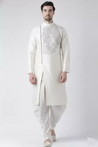 White embroidered dupion silk kurta set