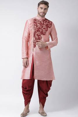 Peach embroidered dupion silk kurta set 1