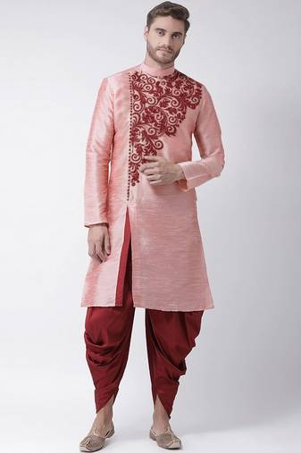Peach embroidered dupion silk kurta set