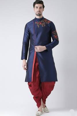 Navy embroidered dupion silk kurta set 1
