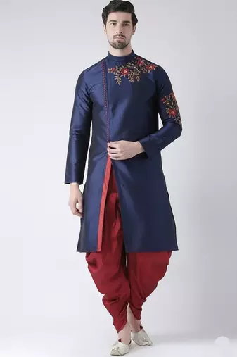 Navy embroidered dupion silk kurta set