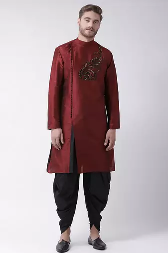 Maroon embroidered dupion silk kurta set