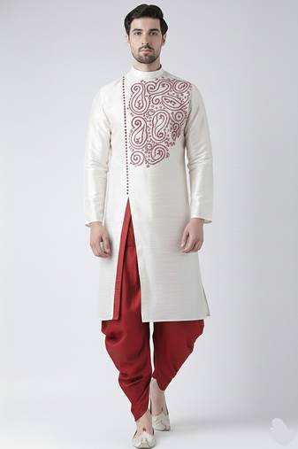 White embroidered dupion silk kurta set