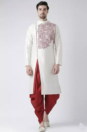 White embroidered dupion silk kurta set