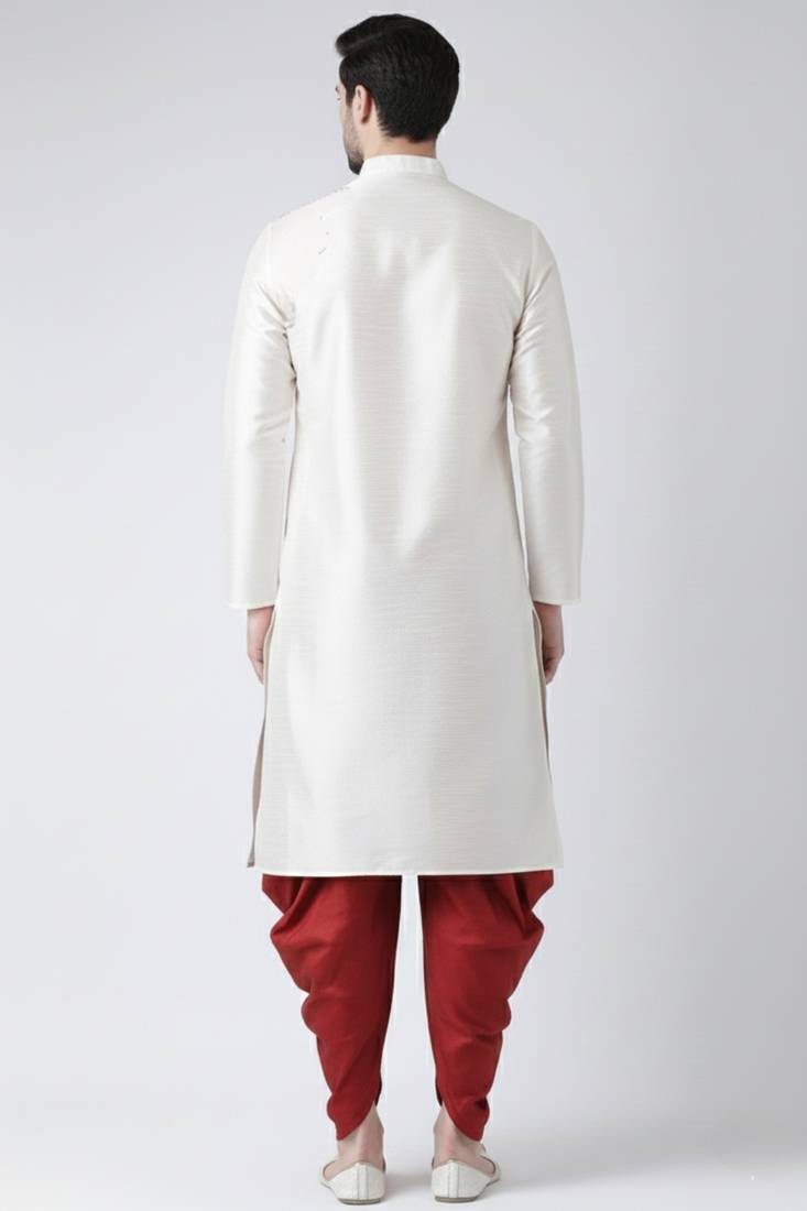 White embroidered dupion silk kurta set