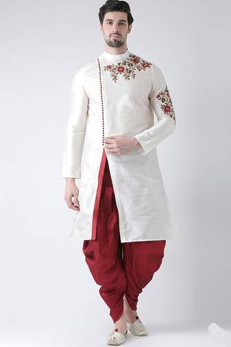 White embroidered dupion silk kurta set