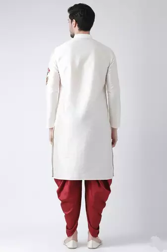 White embroidered dupion silk kurta set